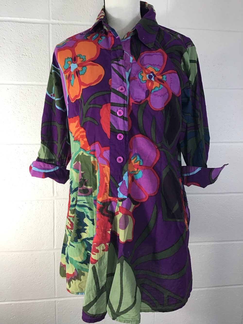 Soft Surroundings Cotton Purple Floral Button Front 3/4 Sleeve Tunic Shirt Small